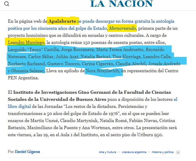 "Memoreando", según La Nación es una de las obras literarias de 2026 que ayudan a construir memoria. Conocé más sobre el proyecto Memoreando en Apalabrarte.com.ar