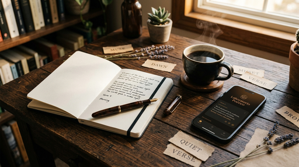 El Laboratorio Poético en tu espacio de escritura: Tu santuario de escritura cotidiana: café caliente, cuaderno abierto y el Laboratorio Poético en tu celular.