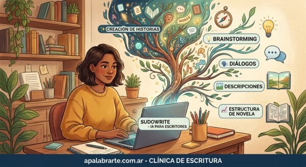 Infografía de Apalabrarte Clínica de Escritura sobre qué es y cómo se usa la Inteligencia Artificial como asistente literario para autores y novelistas.