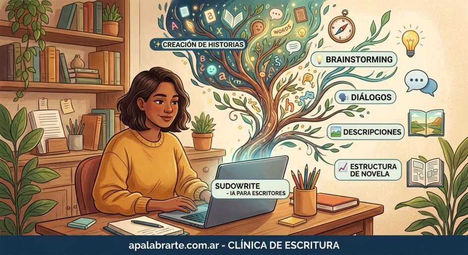 Infografía de Apalabrarte Clínica de Escritura sobre qué es y cómo se usa la Inteligencia Artificial como asistente literario para autores y novelistas.